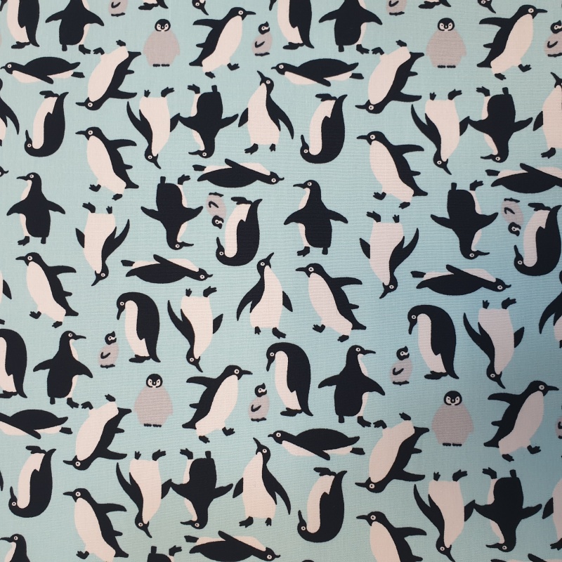100% Cotton Poplin - Penguins on Sky Blue